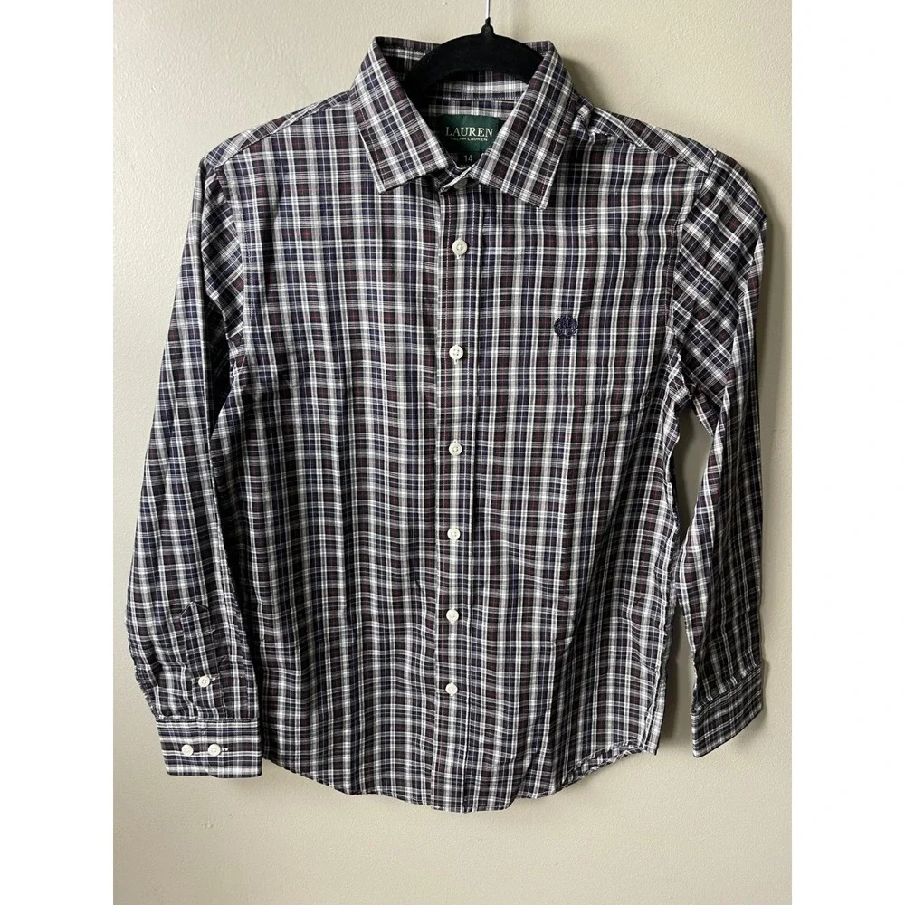 Lauren Ralph Lauren Kids Navy Plaid Button Down Shirt Size 14 Long Sleeve Logo